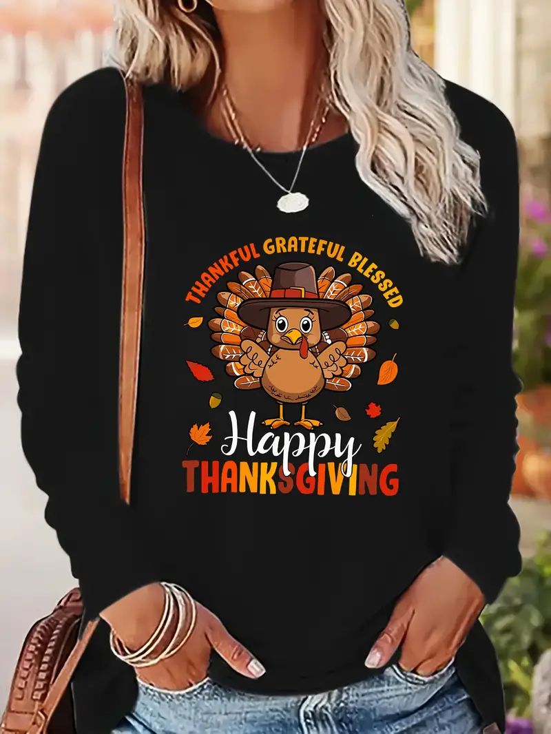 "Fall Cozy Truck Print Lounge Top for women with long sleeves, featuring a turkey and pumpkin design, made with medium stretch fabric."