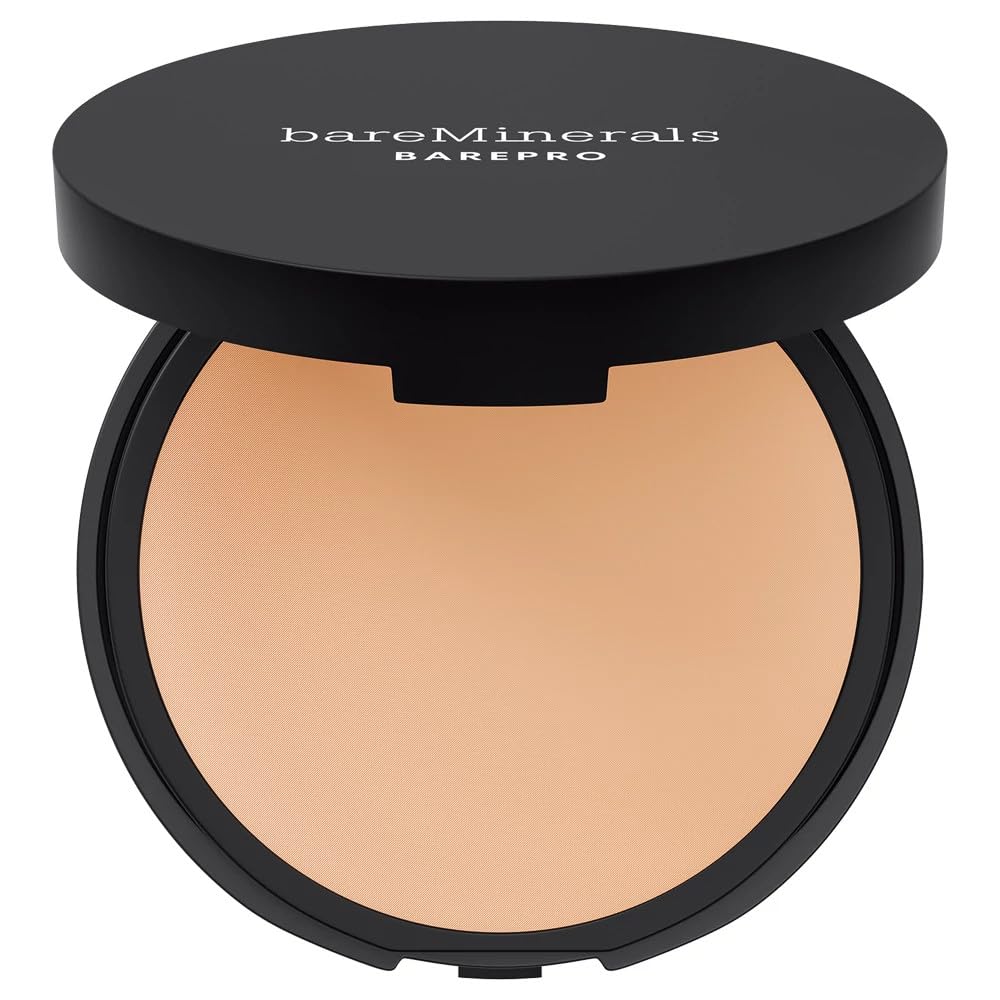 "Bare Minerals Barepro 16HR Skin-Perfecting Powder Foundation, a sweat, humidity, and transfer-resistant matte foundation offering 16 hours of breathable full coverage, visibly evening skin tone and texture over time."