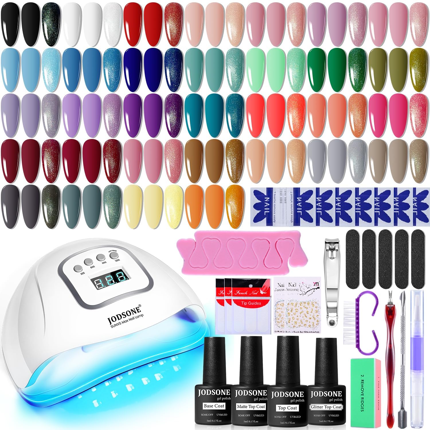 "36 PCS Gel Nail Polish Set with 32 classic colors, base coat, no wipe top coat, matte top coat, glitter top coat, professional nail lamp, and nail tools. Create beautiful nail styles at home without visiting a salon."